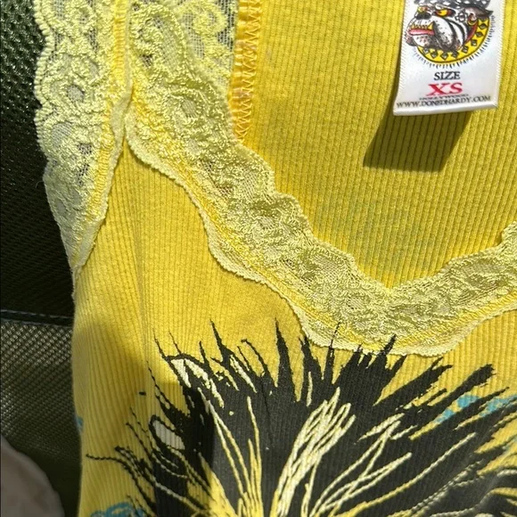 Ed Hardy Yellow Skull Graphic Tank with Lace - Picture 4 of 7